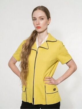 LUCIA YELLOW KNIT BLAZER JACKET WITH POCKETS VINTAGE BUTTONLESS TOP WOMAN MEDIUM